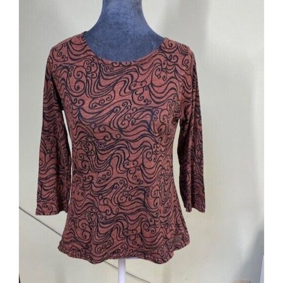 Cut Loose Women Sz S Brown Abstract Print Semi-Sheer 3/4 Sleeve Pullover Blouse - Picture 1 of 8